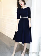 Navy Blue Velvet Knee Length Simple Bridesmaid Dress, Short Blue Velvet Prom Dresses With Beadings