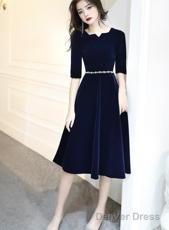 Navy Blue Velvet Knee Length Simple Bridesmaid Dress, Short Blue Velvet Prom Dresses With Beadings