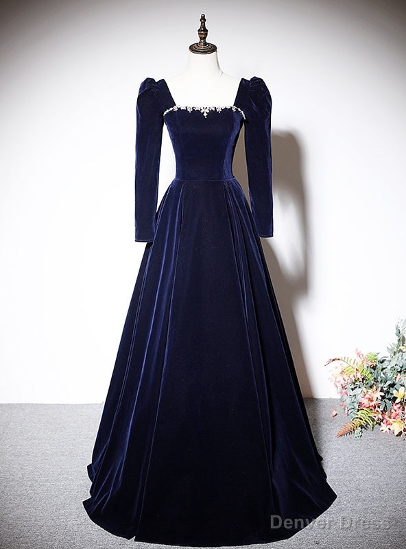 Navy Blue Velvet Long Sleeve Square Neck Prom Dresses