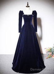 Navy Blue Velvet Long Sleeves Beaded Formal Dress, Blue A-Line Prom Dress