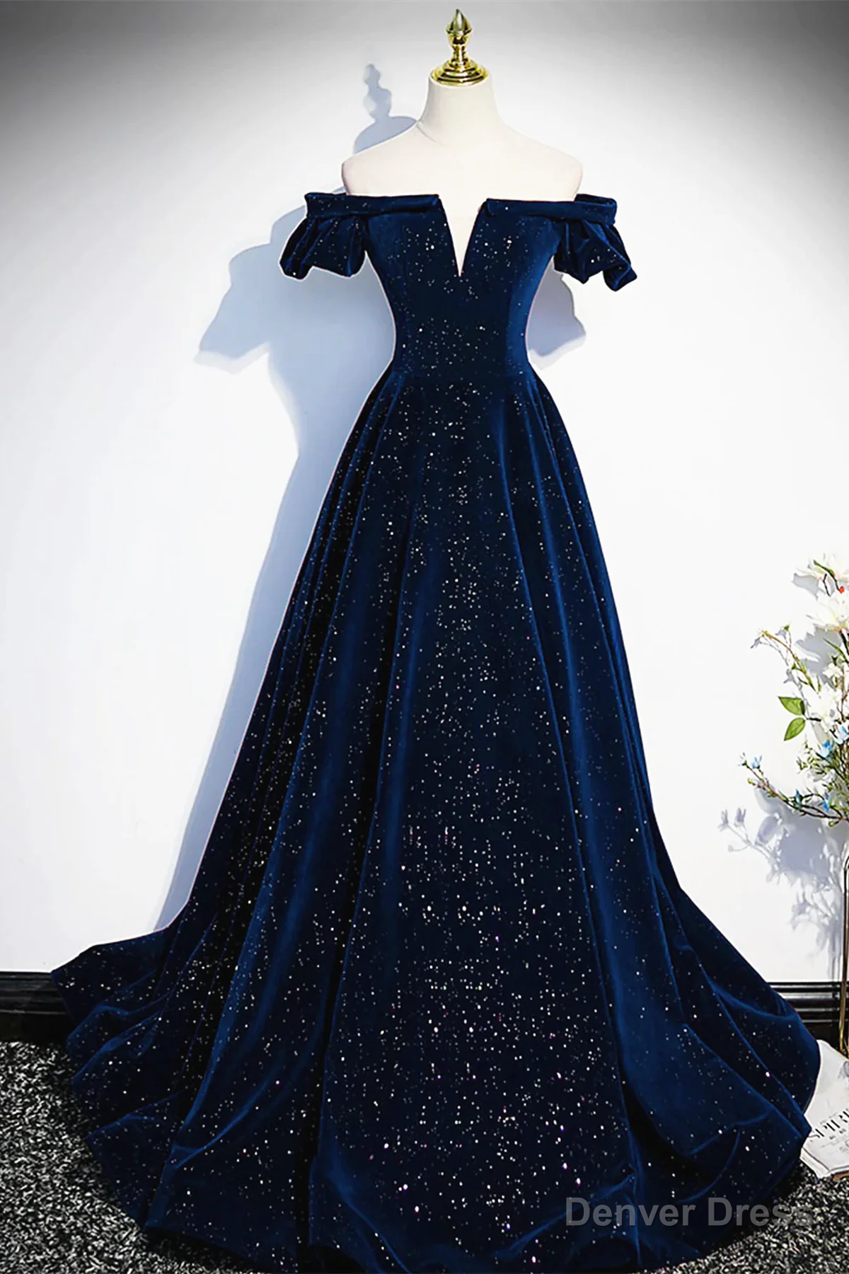 Navy Blue Velvet Off Shoulder Long Party Dress, Navy Blue Prom Dress Formal Dress Secondary image