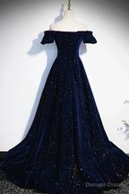 Navy Blue Velvet Off Shoulder Long Party Dress, Navy Blue Prom Dress Formal Dress