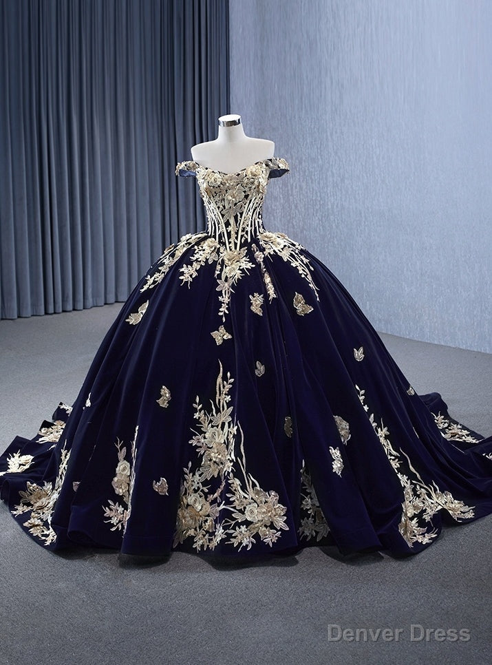 Navy Blue Velvet Off the Shoulder Appliques Prom Dresses
