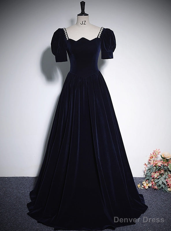 Navy Blue Velvet Short Sleeve Prom Dresses