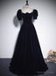 Navy Blue Velvet Short Sleeve Prom Dresses