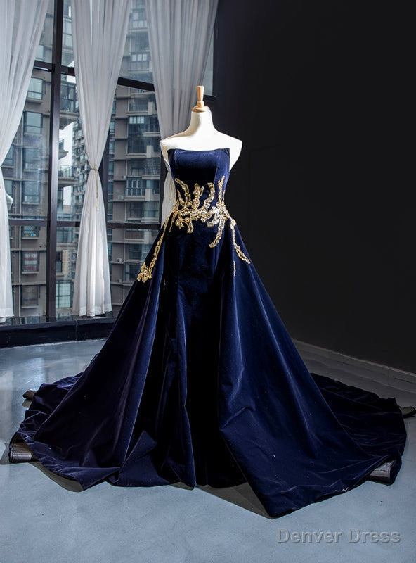 Navy Blue Velvet Strapless Backless Beading Prom Dresses With Long Train