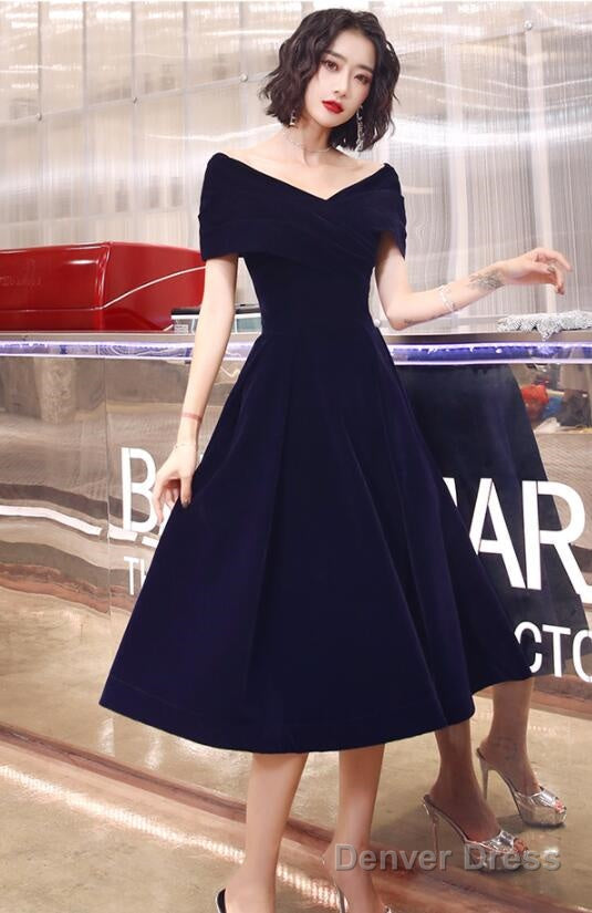 Navy Blue Velvet Tea Length V Neckline Prom Dress, Navy Blue Bridesmaid Dress Prom Dresses Secondary image