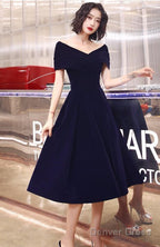 Navy Blue Velvet Tea Length V Neckline Prom Dress, Navy Blue Bridesmaid Dress Prom Dresses