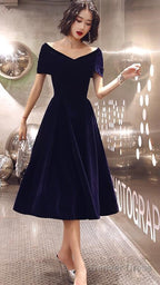 Navy Blue Velvet Tea Length V Neckline Prom Dress, Navy Blue Bridesmaid Dress Prom Dresses