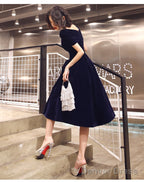 Navy Blue Velvet Tea Length V Neckline Prom Dress, Navy Blue Bridesmaid Dress Prom Dresses