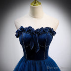 Navy Blue Velvet Top and Tulle Long Prom Dress, Blue Sweetheart Prom Dresses