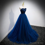 Navy Blue Velvet Top and Tulle Long Prom Dress, Blue Sweetheart Prom Dresses