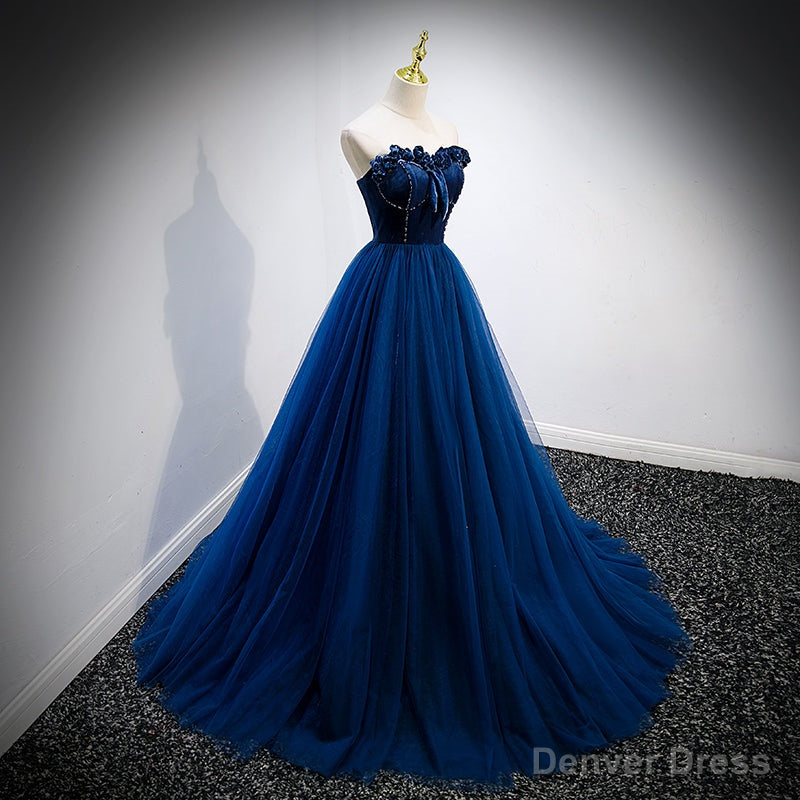Navy Blue Velvet Top and Tulle Long Prom Dress, Blue Sweetheart Prom Dresses