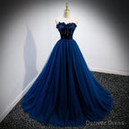 Navy Blue Velvet Top and Tulle Long Prom Dress, Blue Sweetheart Prom Dresses
