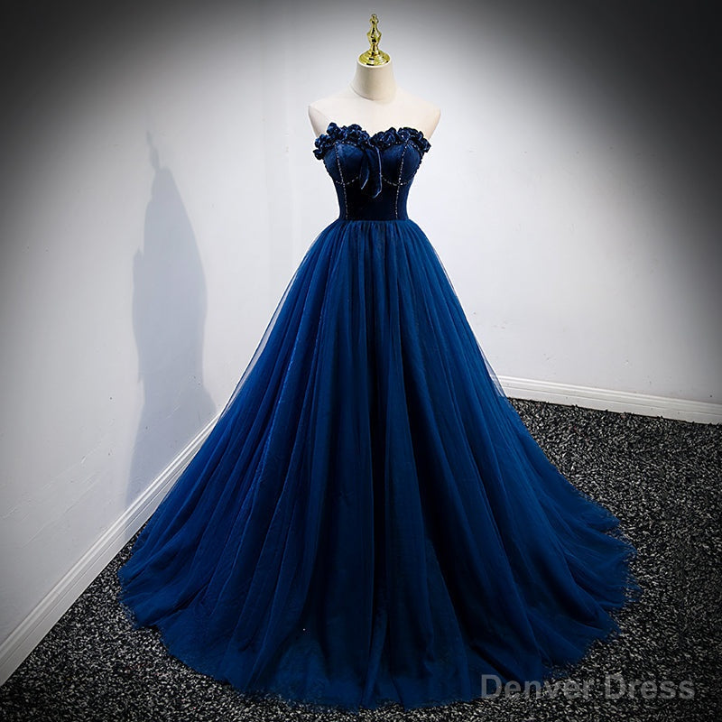 Navy Blue Velvet Top and Tulle Long Prom Dress, Blue Sweetheart Prom Dresses