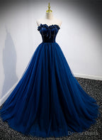 Navy Blue Velvet Top and Tulle Long Prom Dress, Blue Sweetheart Prom Dresses