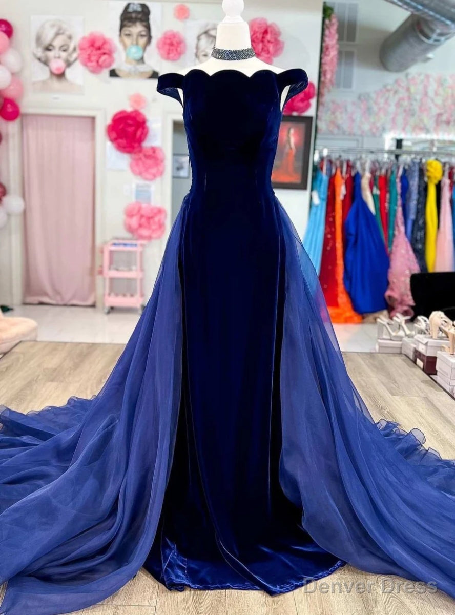 Navy Blue Velvet Tulle Off the Shoulder Prom Dresses