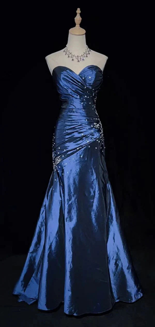 Blue Vintage Fashion Exquisite Beading Long Satin Floor Length Ball Gowns Prom Dresses Secondary image