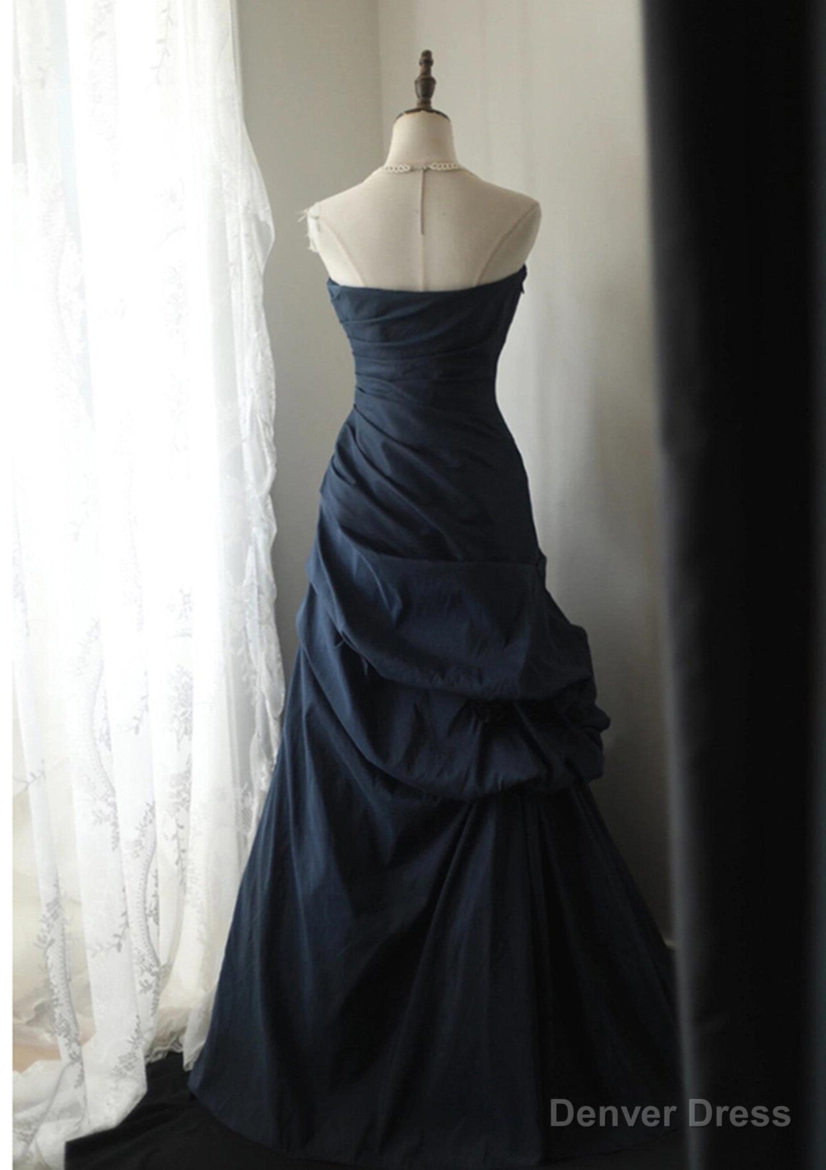 Navy Blue Vintage Style Taffeta Long Prom Dress, Navy Blue Prom Dresses