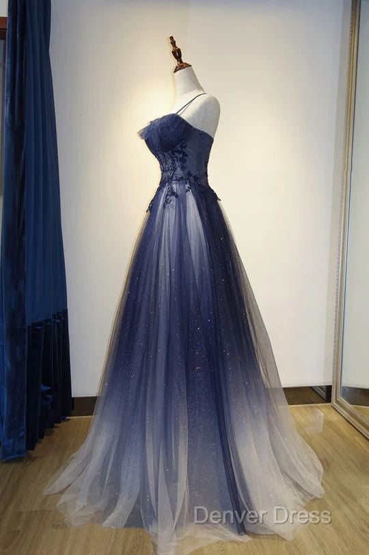 Navy Gradient A Line Tulle Long Prom Dresses Secondary image