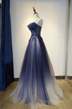 Navy Gradient A Line Tulle Long Prom Dresses