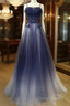 Navy Gradient A Line Tulle Long Prom Dresses