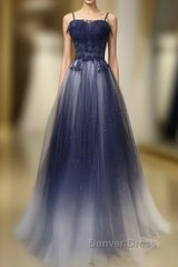 Navy Gradient A Line Tulle Long Formal Prom Dresses