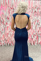 Navy Mermaid Sequins High Neck Open Back Long Prom Dresses