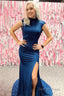 Navy Mermaid Sequins High Neck Open Back Long Prom Dresses