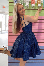 Navy Sequins One Shoulder A Line Short Homecoming Dresses