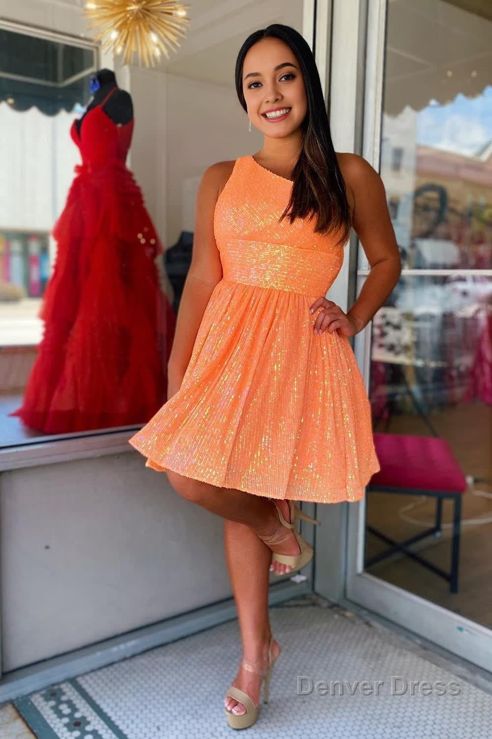 Navy Sequins One Shoulder A Line Short Homecoming Dresses