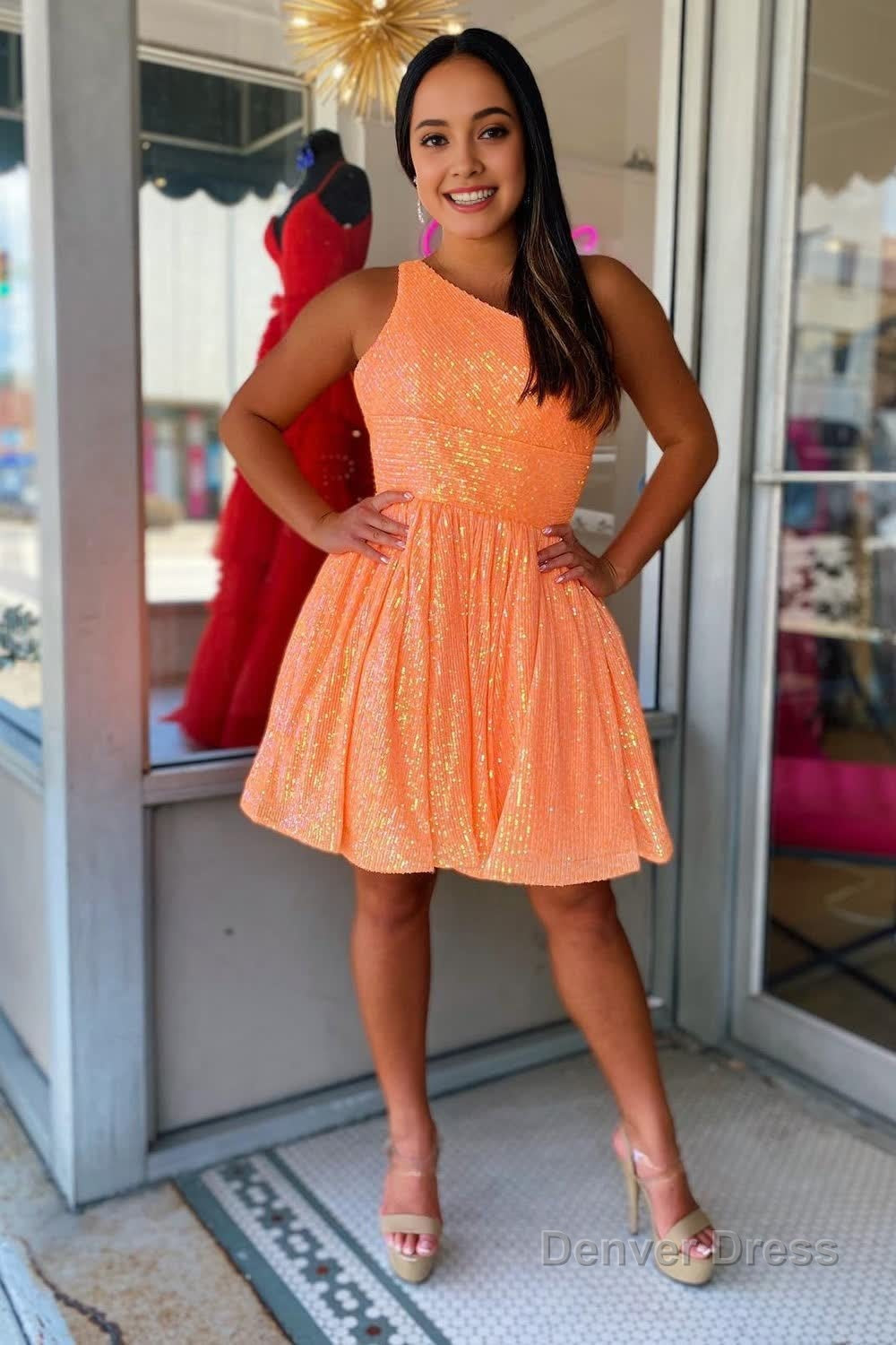 Navy Sequins One Shoulder A Line Short Homecoming Dresses