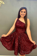 Navy Sequins One Shoulder A Line Short Homecoming Dresses