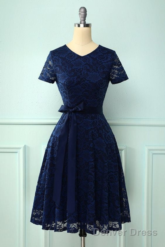 Navy Short Sleeves Lace Homecoming Dress