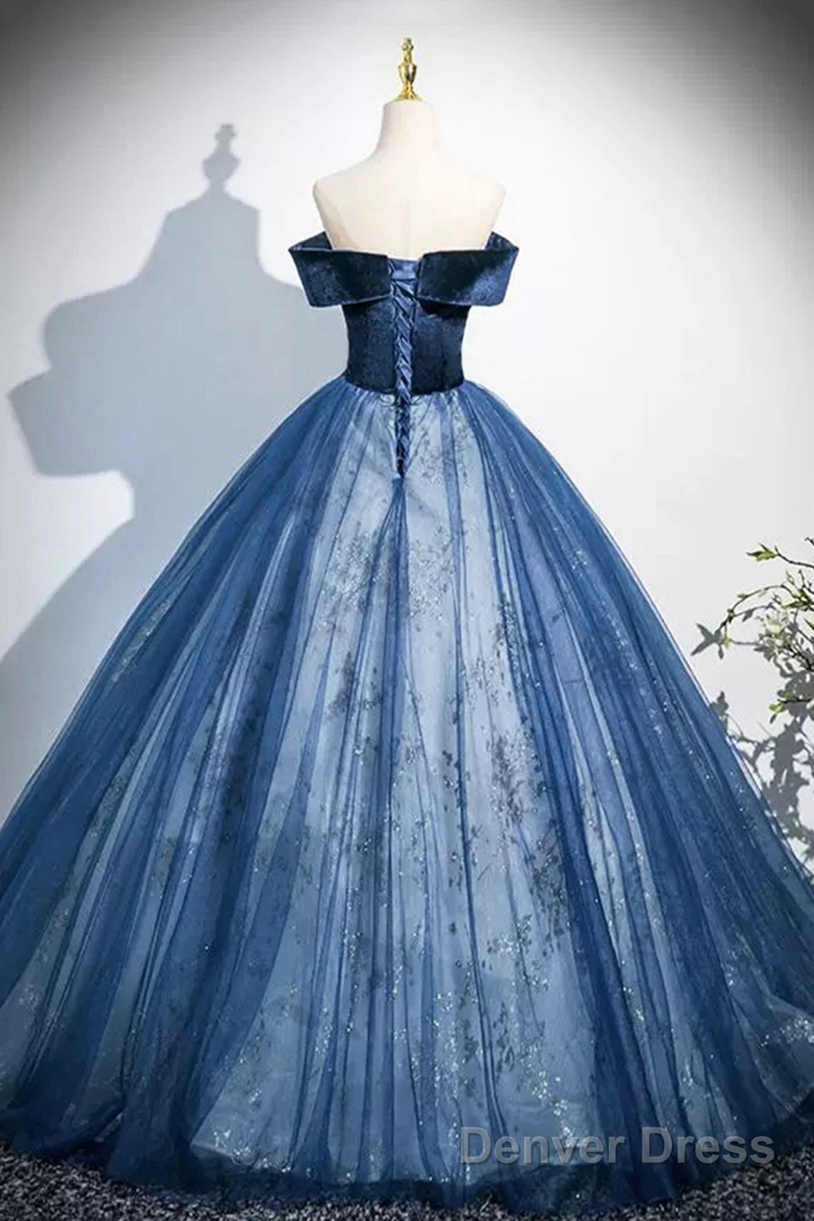 Navy Velvet And Tulle Long Prom Dress, Elegant Off The Shoulder Party Dress