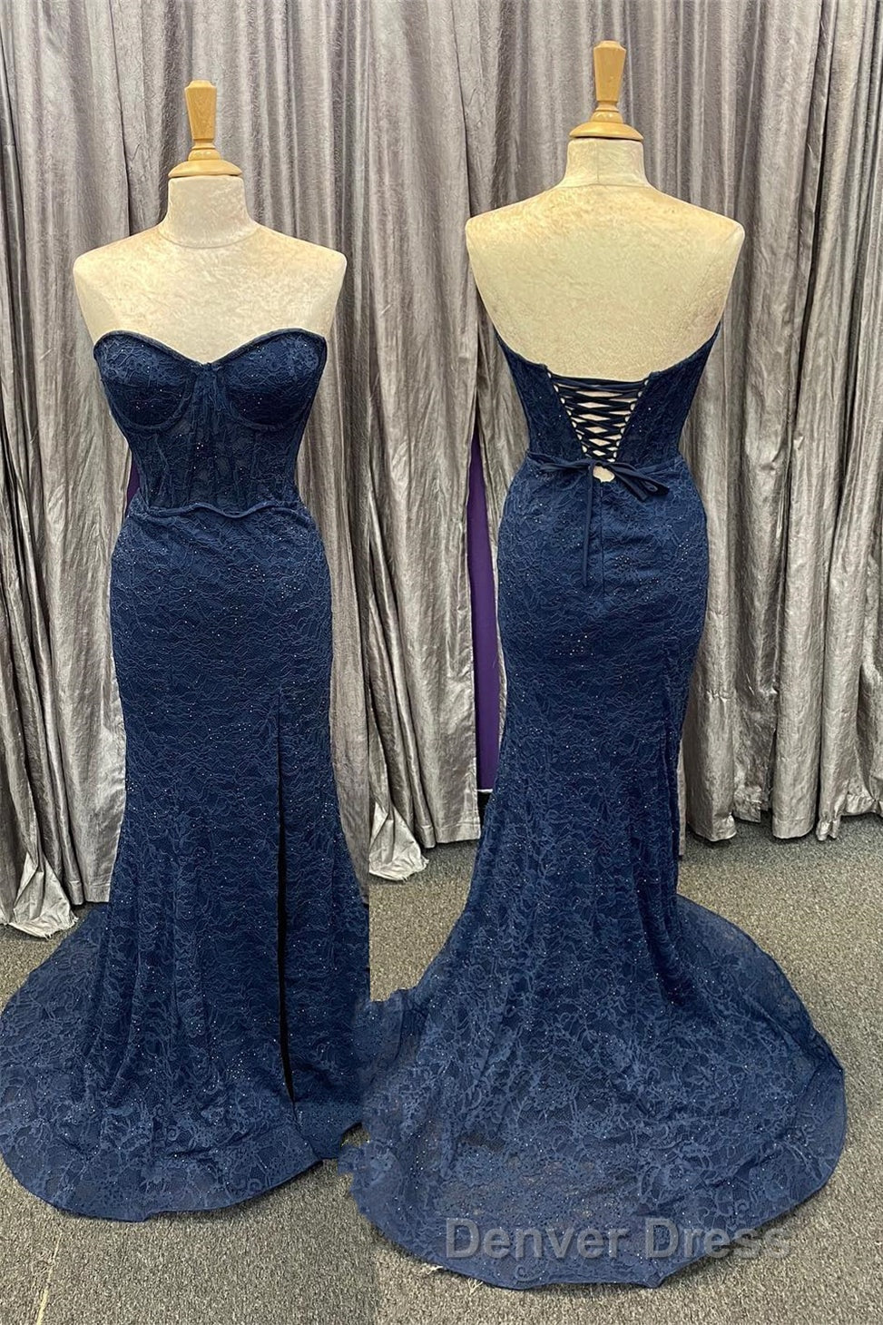 Mint Green Lace Strapless Mermaid  Long Prom Dresses with Slit Secondary image