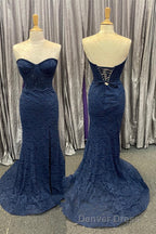 Mint Green Lace Strapless Mermaid  Long Prom Dresses with Slit