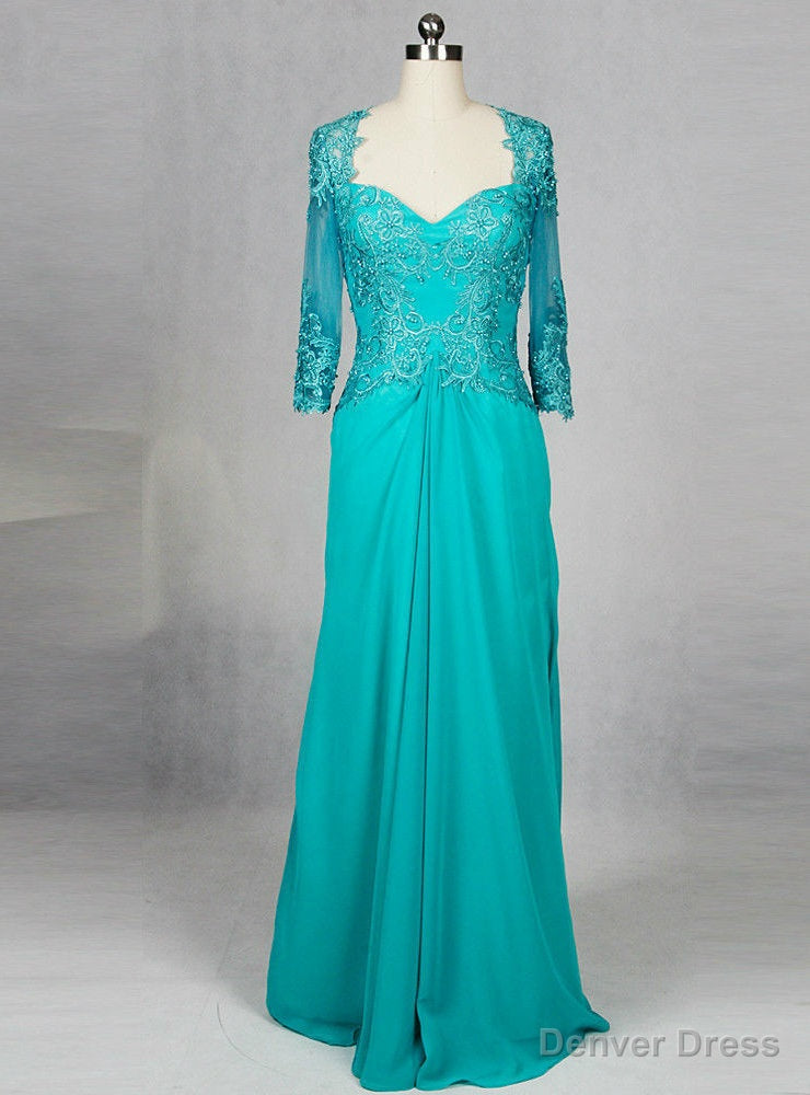 Neckline Lace 3/4 Sleeve Turquoise Chiffon Nother Of The Bride Dress With Sleeves Main image