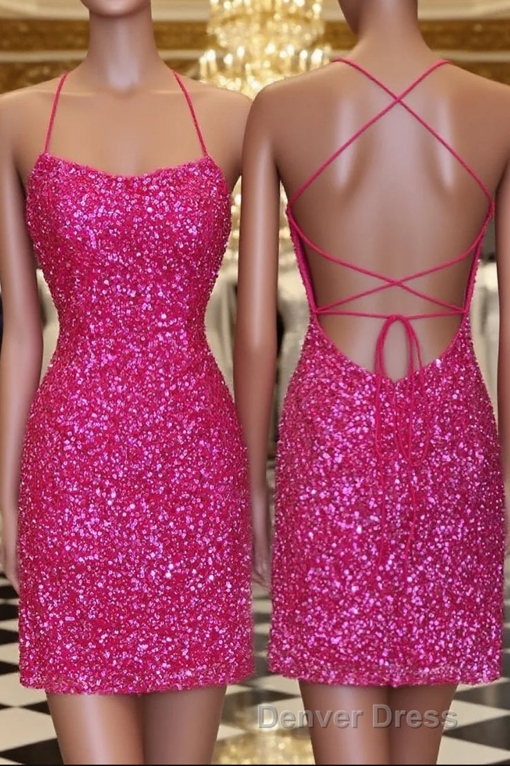 Neon Pink Sequin Bodycon Mini Homecoming Dresses Main image