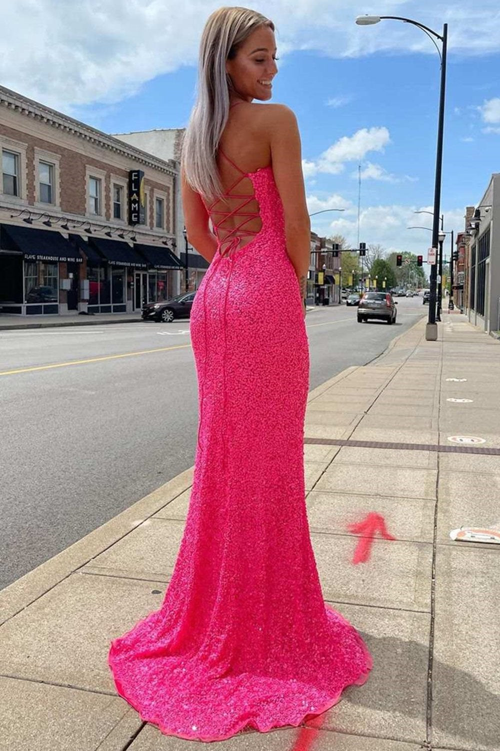 Neon Pink Sequin Mermaid Long Prom Dresses Secondary image