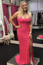 Neon Pink Sequin Mermaid Long Prom Dresses