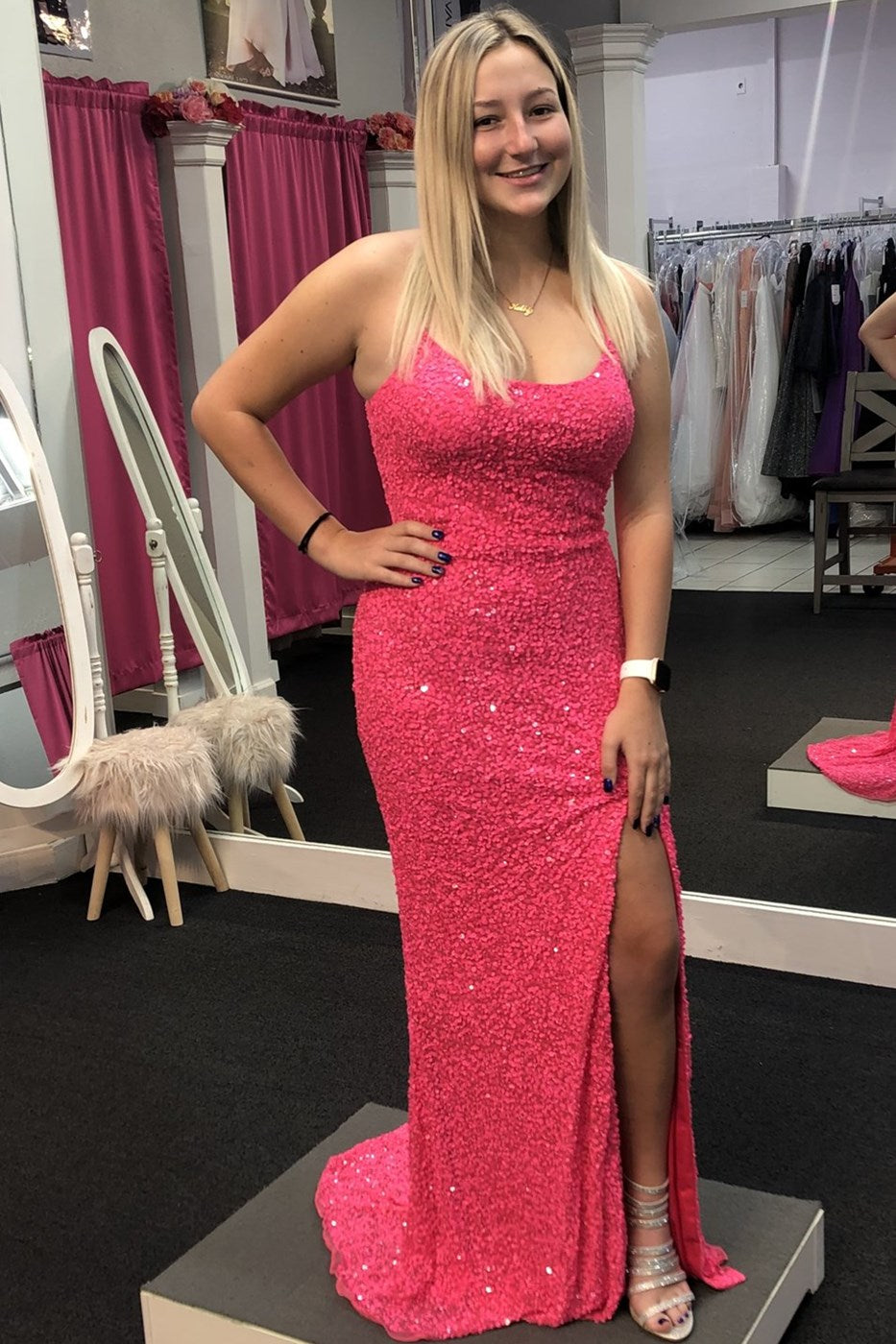 Neon Pink Sequin Mermaid Long Prom Dresses