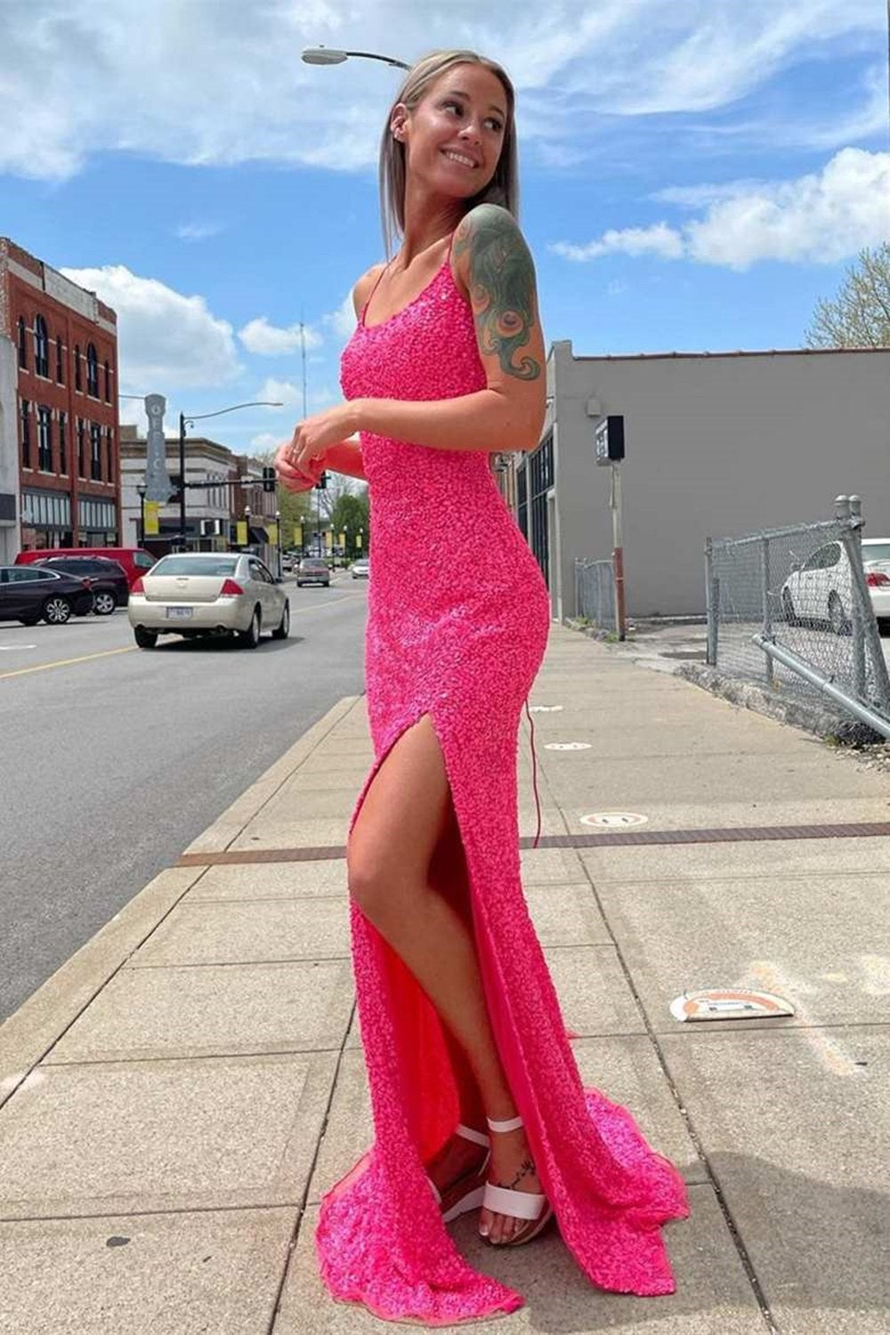 Neon Pink Sequin Mermaid Long Prom Dresses