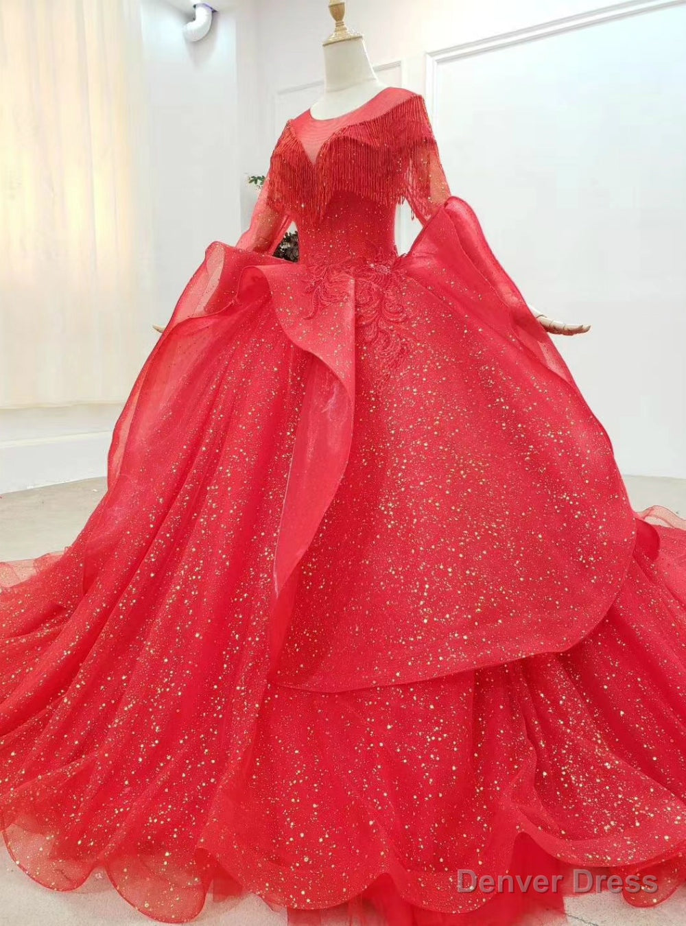 Never Miss Out On Red Ball Gowns Tulle Sequins Long Sleeve Beading Appliques Wedding Dresses