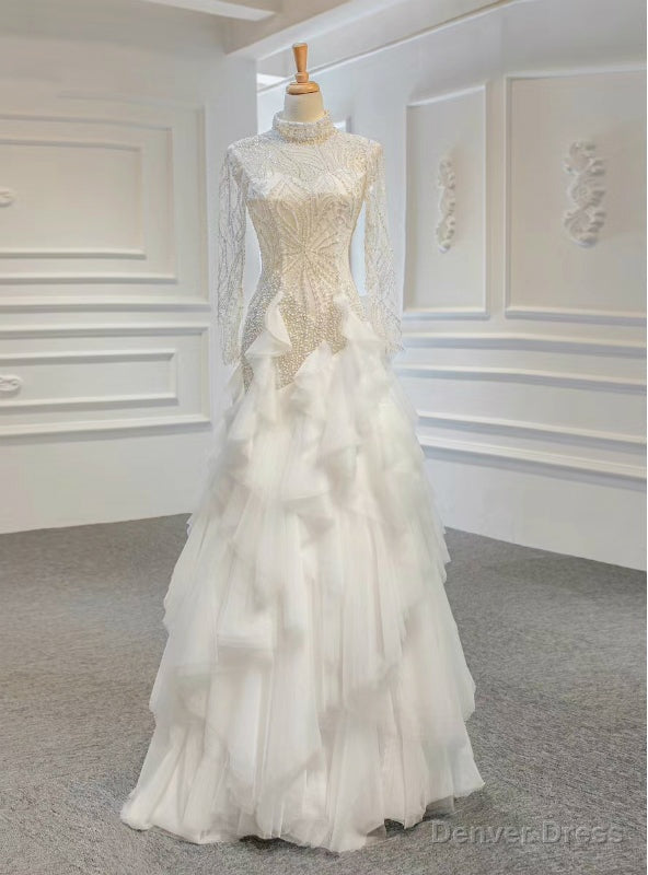 Never Miss Out On White Sheath Tulle High Neck Long Sleeve Beading Wedding Dress Main image