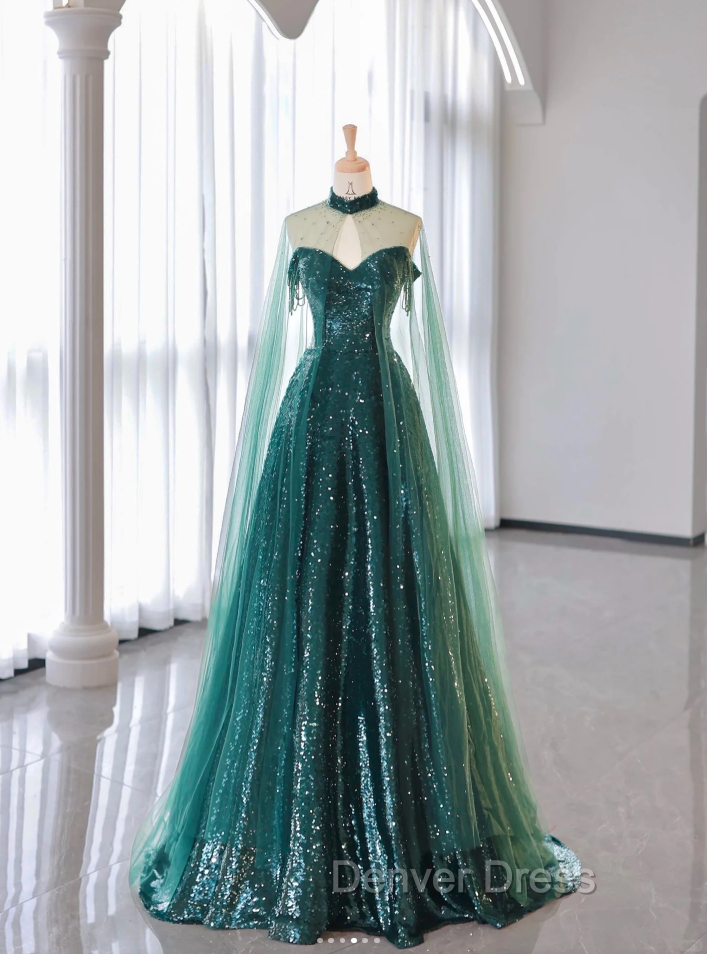New A-Line Dark Green Prom Dresses, Off-The-Shoulder Prom Dresses With Cape, Sweeping Tail Prom Dresses Secondary image