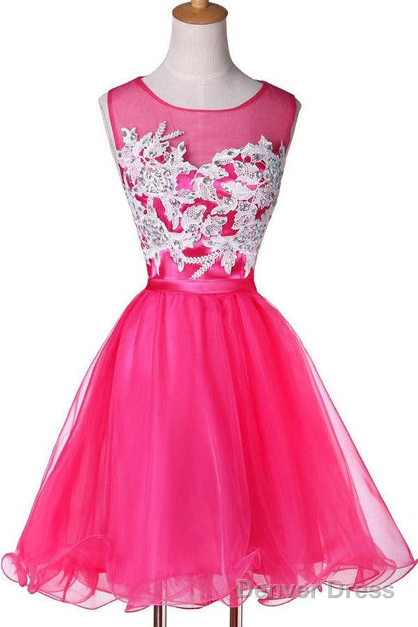New Appliqued A Line Tulle Scoop Short Homecoming Dresses See Through