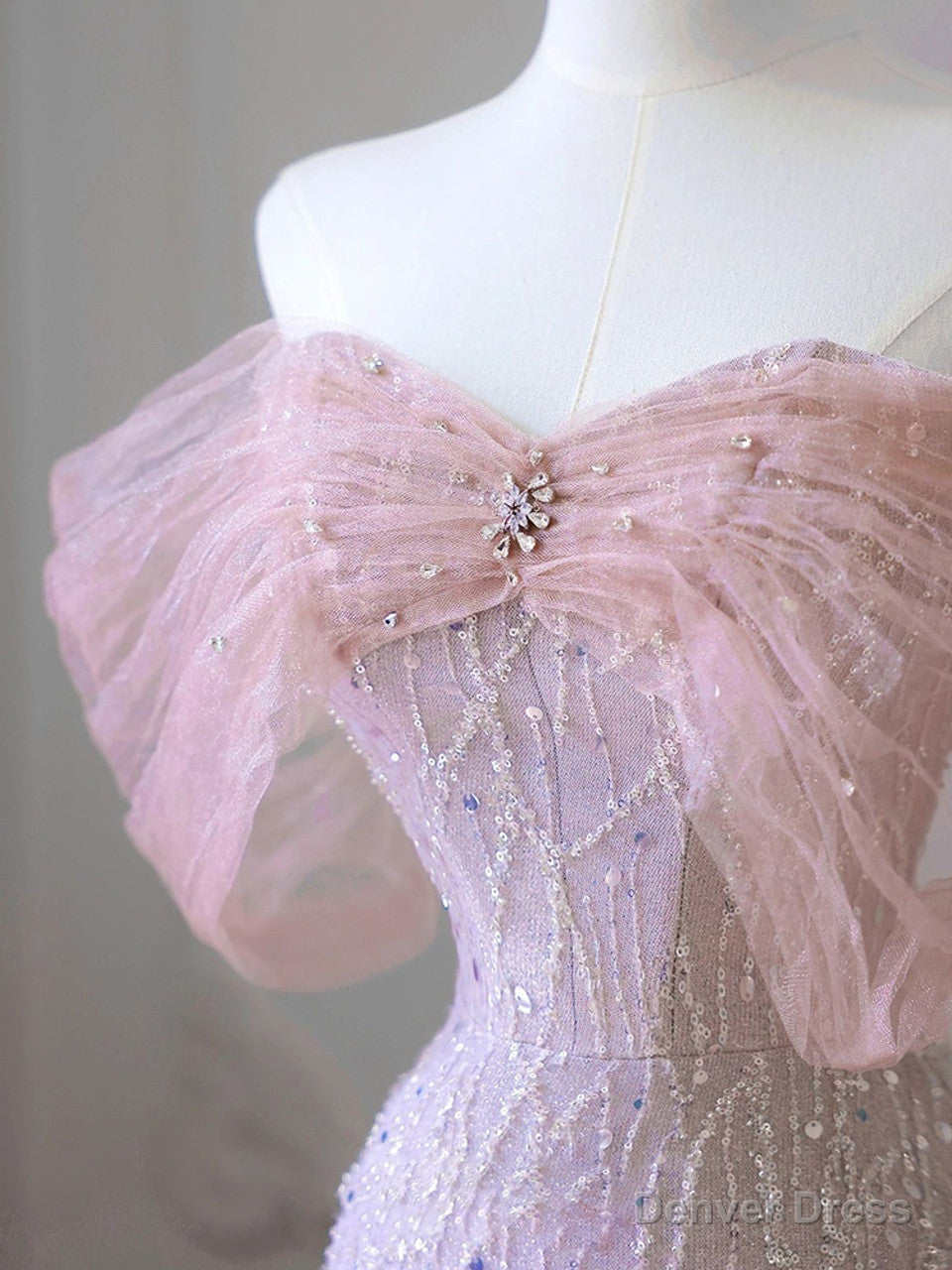 New Arrival A Line Off The Shoulder Short Sleeves Pleated Sequin Pink Floor Length Prom Dresses
