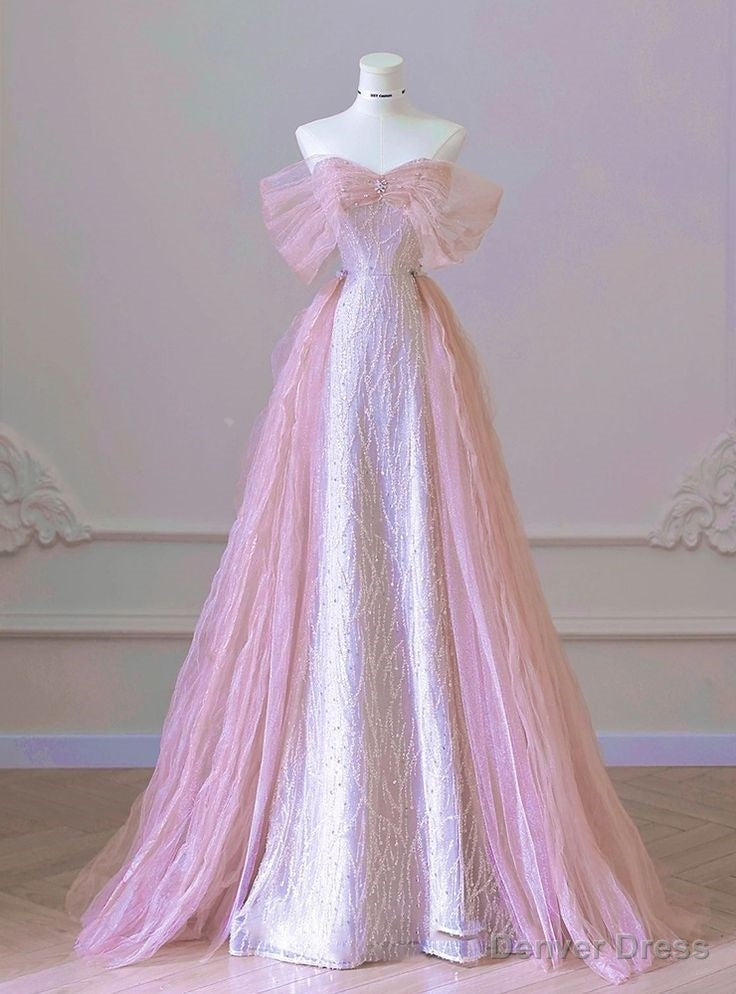 New Arrival A line Off The Shoulder Short Sleeves Pleated Sequin Pink Floor Length Prom Dresses Main image