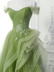 New Arrival A-Line Tulle Lace Green Long Prom Dresses, Green Lace Long Formal Dresses